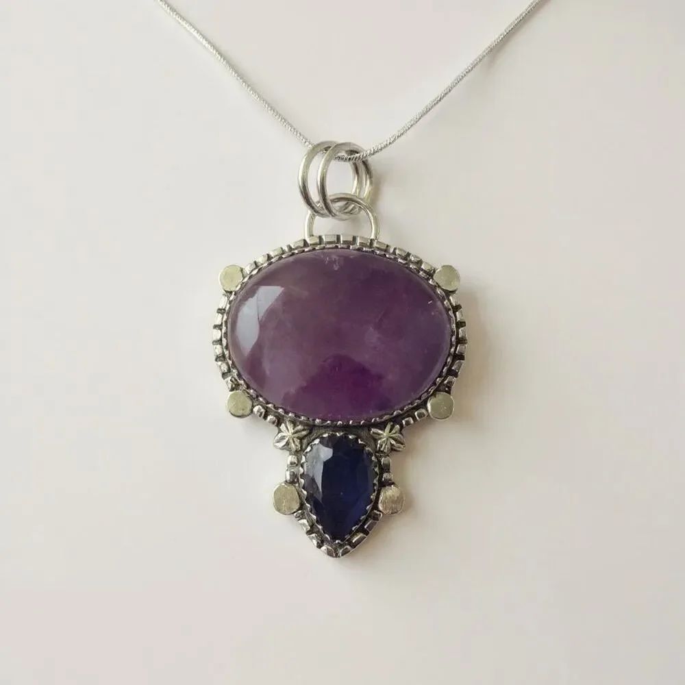 Large Artisan Crafted Amethyst Pendant Necklace Double Stone Sterling Silver New